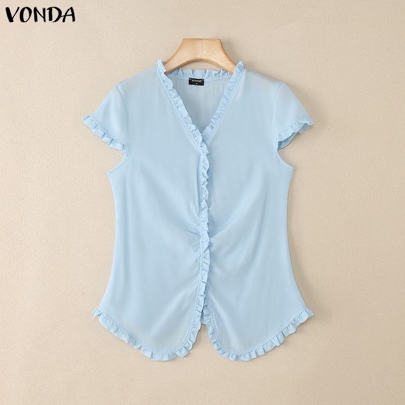 VONDA Summer Women Casual V-Neck Short Sleeve Ruffled Hem Slim T-shirts Tops