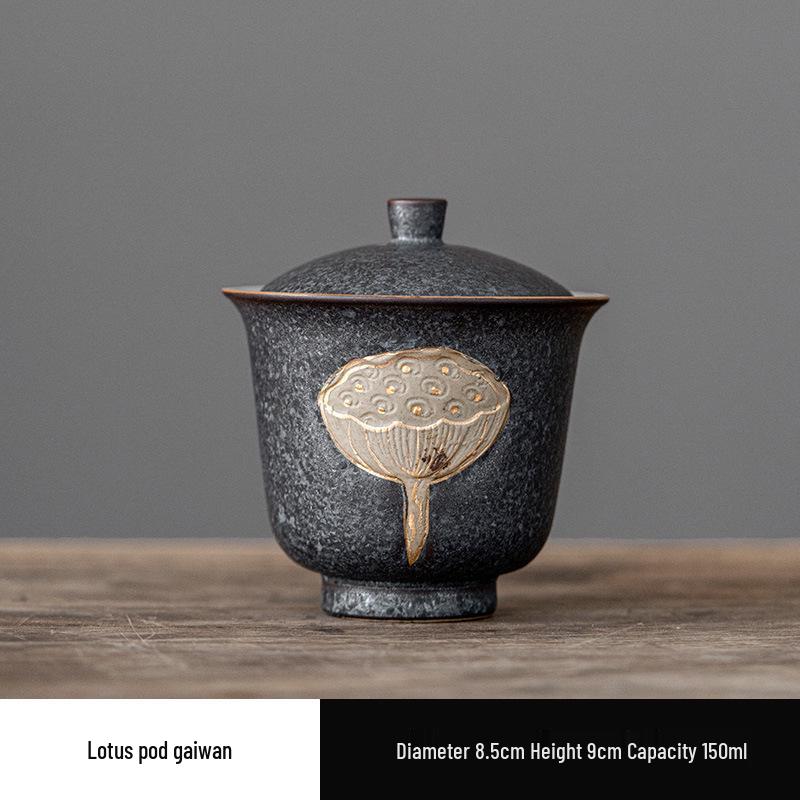 

Two-Color Lotus Pod Ceramic Gaiwan: Retro Japanese Tea Set with Infuser & Bowl - Safe to Touch for Home Use