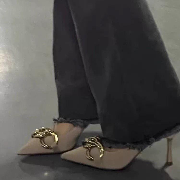 High Heels Women's Thin Heels 2025 New Metal Buckle Women's Shoes Spring and Autumn Single Shoes Design Sense Niche Nude French