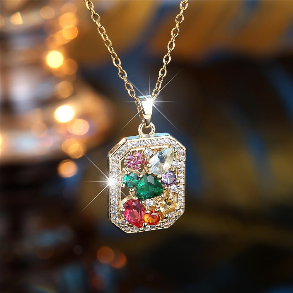 Female Crystal Rainbow Zircon Stone Pendant Necklace Vintage Gold Color Wedding  For Women