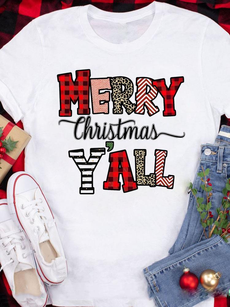 (Asian Size) Tee Top festival  Merry Christmas New Year Holiday Casual tree cute 90s Women Print Lady Short Sleeve Fashion Graphic T-shirts