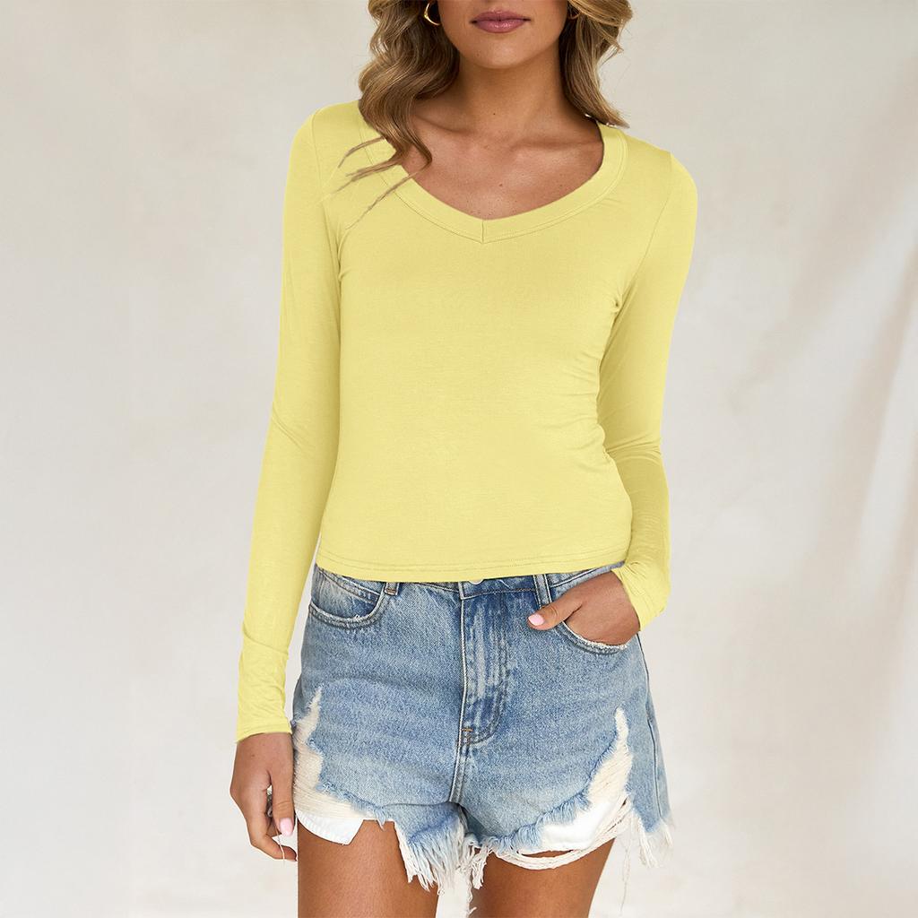 Casual Baita Solid Color Long Sleeve Tank Top T-Shirt Women's V Neck Slim Fit Top