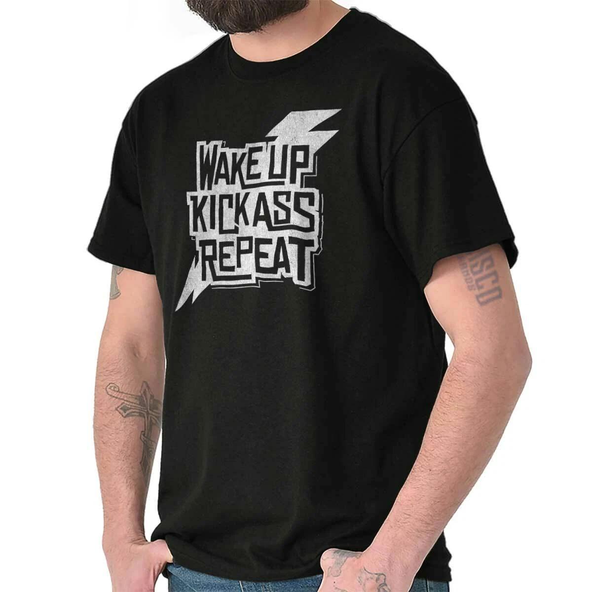 Wake Up Kick Butt Repeat Funny Saying Gift Womens or Mens Crewneck T Shirt Tee XS