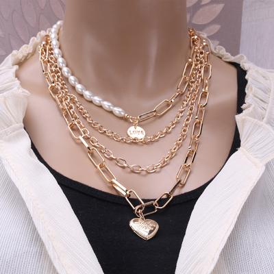 Women Fashion Multi-Layer Embossed Pearl Necklace Open Peach Heart Pendant Necklace New Design Jewelry Gift