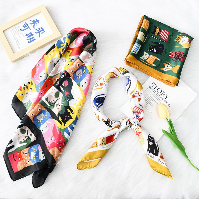 Suhang silk scarf cartoon cat cute versatile 71 simulated silk scarf atmosphere summer square scarf scarf