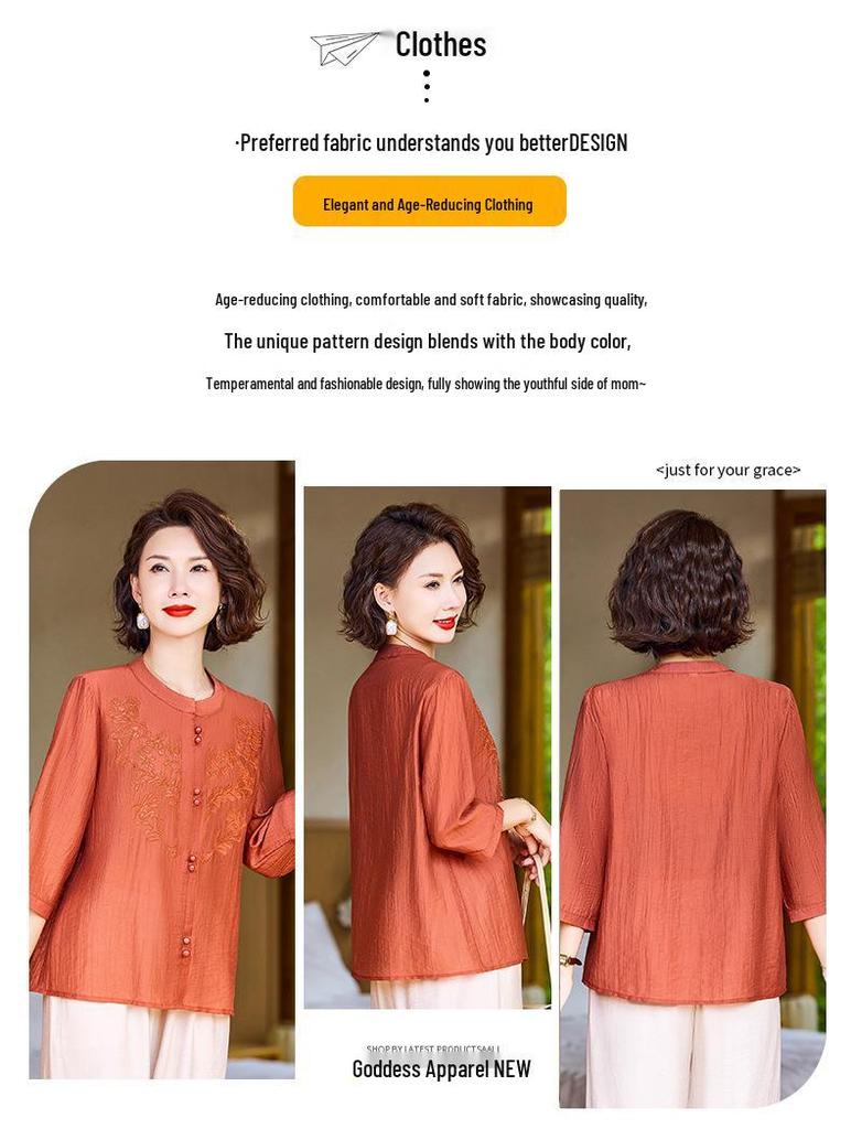 Summer 2026 National Style Loose Top: Middle-aged Mom's Age-Reducing, Seven-Sleeve Round Neck
