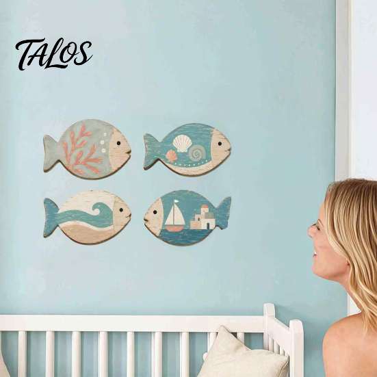 Coastal Wall Art for Living Room 4Pcs Wooden Hanging Fish Art, Bathroom Plaque with Nautical Marine Life Ornaments Theme Bedroom, Rustic Beach
