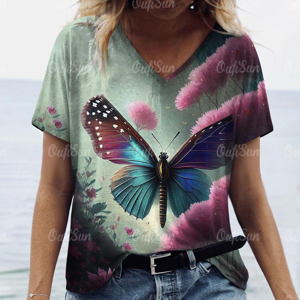 Retro fashion butterfly print women s T-shirt summer casual V-neck T-shirt streetwear designer T-shirt women s clothing 5XL