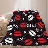 Valentine'S Day Kiss Print Flannel Throw Blanket - Red Lips & Hearts Design with XOXO Lettering, Soft Cozy All-Season & Red Cont