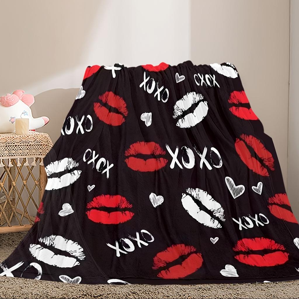 Valentine'S Day Kiss Print Flannel Throw Blanket - Red Lips & Hearts Design with XOXO Lettering, Soft Cozy All-Season & Red Cont