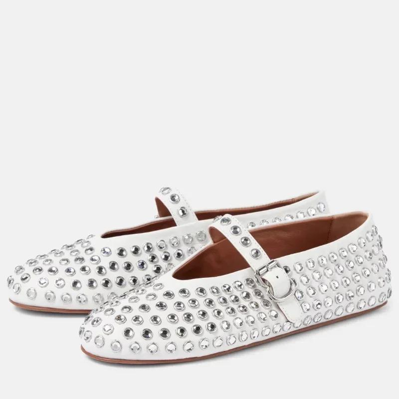 Women's Rhinestone Rivet Single Shoes Women New Round Toe Hollow Belt Buckle Comfortable Flat Dance Ballet Mary Jane Shoes