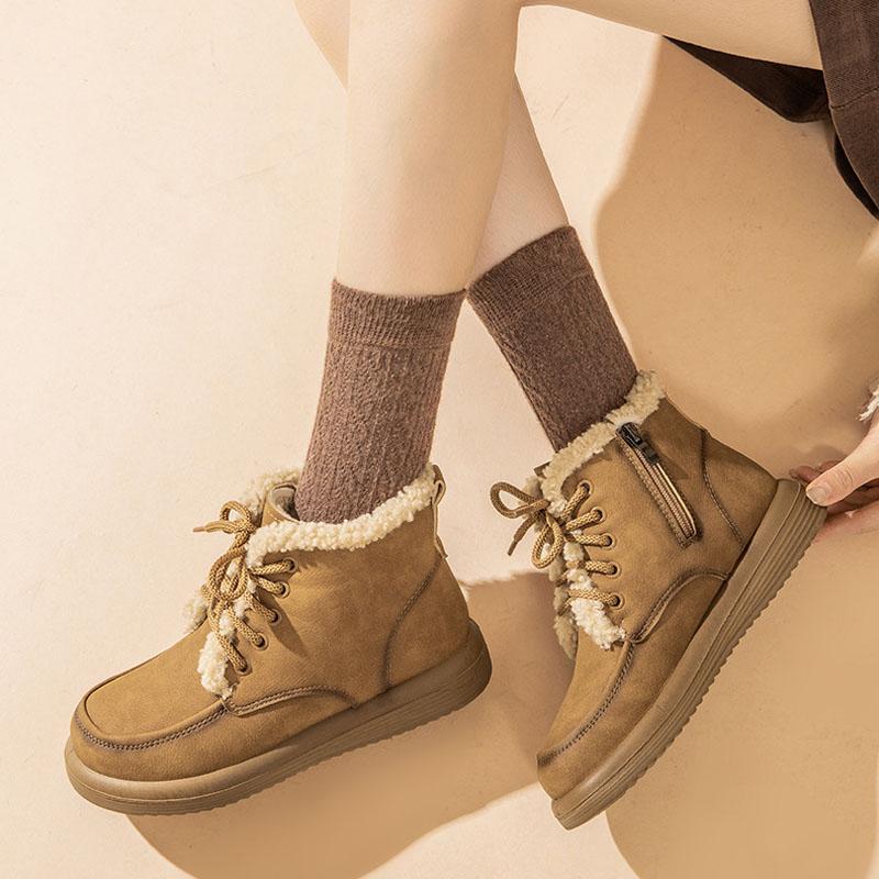 Women Snow Boots Genuine Leather Winter Boots Lace-up Lamb Wool Warm Winter Ladies Shoes Round Toe Flat Short Boots WSH5243