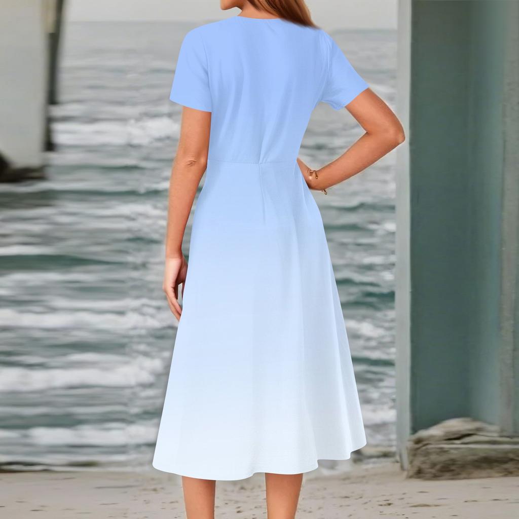 Damen Sommer Freizeitmode Druck Tasche Kurzarm V-Ausschnitt Schwingkleid