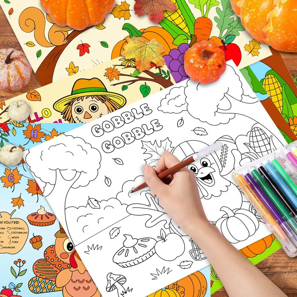 16pcs Thanksgiving Coloring Placemats for Kids 2-Sided Disposable Turkey Placemats to Color Paper Place Mats/Poster for Thankful Activity Happy