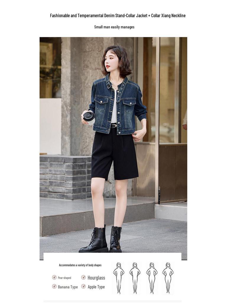 2025 Women's Blue Retro Denim Stand Collar Jacket - Spring & Autumn Casual Fashion (LU8930)