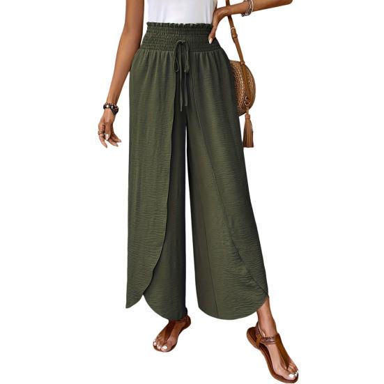 Women Pants Elastic Waist High Side Split Casual Pants Spring Summer Autumn Breathable Solid Color Loose Fit Wide Legs Trousers