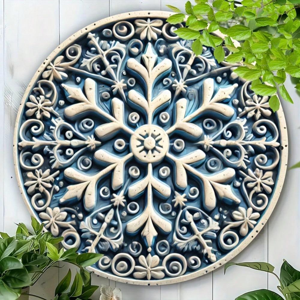 Vintage Round Metal Wall Art Blue Snowflake Farmhouse Decor