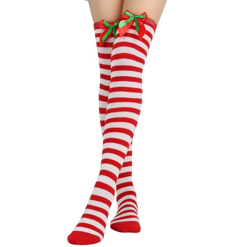 Striped Stockings For Women Over The Knee Long Socks Christmas Green Red Bowknot Long Socks Female Leg Stocking