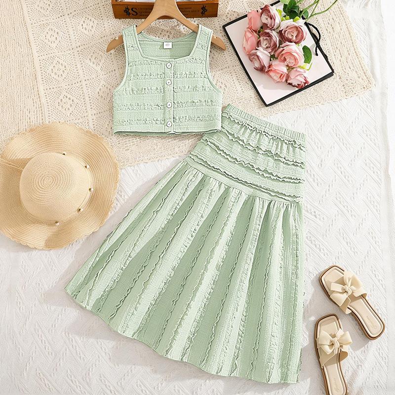 Girls Fashion Set - Summer Children s Sweet V-neck Top + Skirt Set 130cm=8Y светло-зеленый