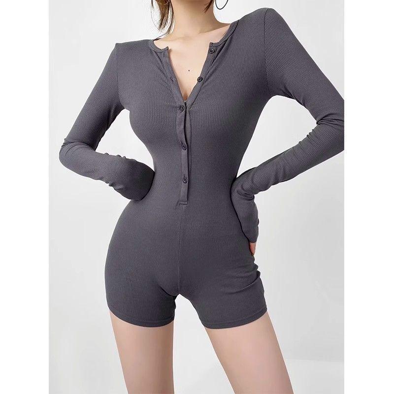 

American Slim Fit Long Sleeve Yoga Bodysuit with Waist-Cinched Design and Button-Up Detail Small