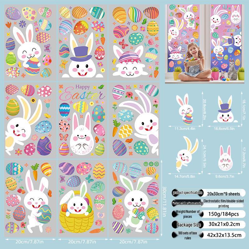 Cartoon Rabbit & Colored Eggs Static Cling Window Decor Stickers for Easter