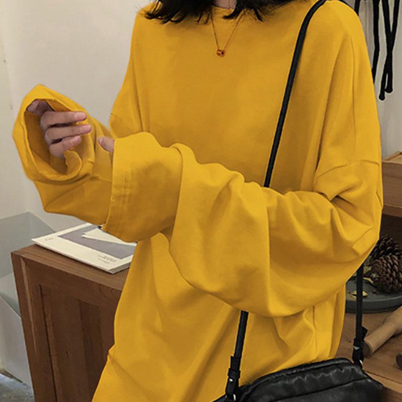 Spring Autumn Solid Simple Oversized Tshirt Harajuku Long T Shirt Women Kawaii T-shirts Women 90s White Yellow Long Sleeve Tops
