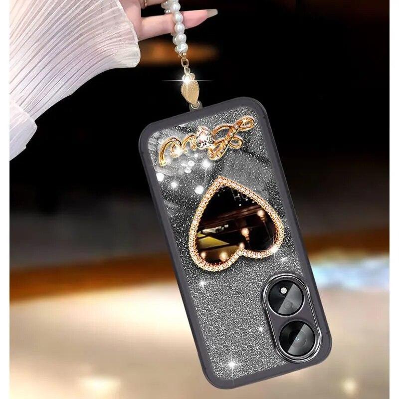 Luxusní perlové pouzdro na náramek pro OPPO A58 Realme 11 4G Reno11 7 10 Pro 7Z 8 Lite 5G A12 A5S Mirror Cover Lesklý třpytivý obal
