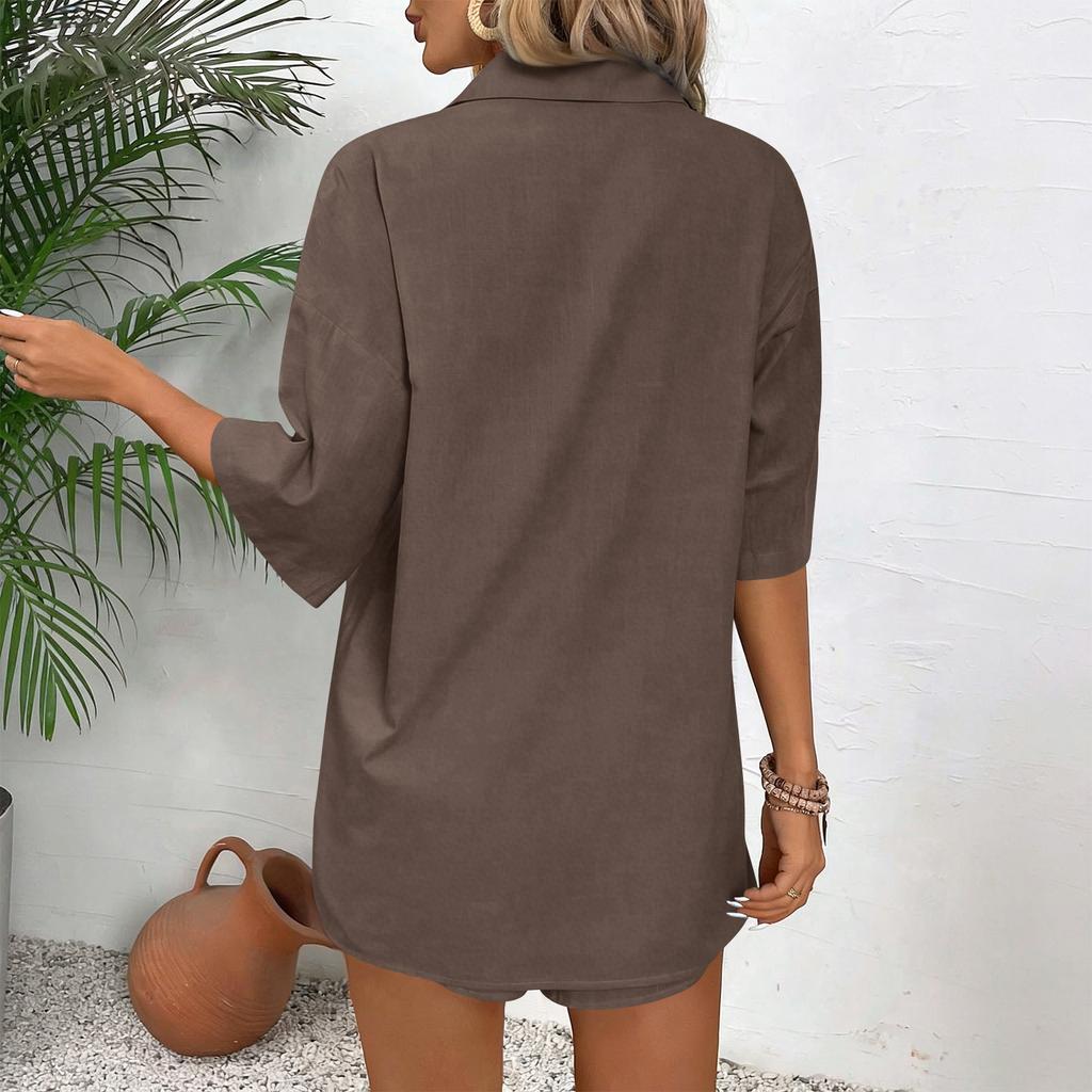 Women's Pajama Set Short Sleeve Striped Printed Two-piece Loungewear Neck Pajamas Split Shorts Set Soft Sleepwear