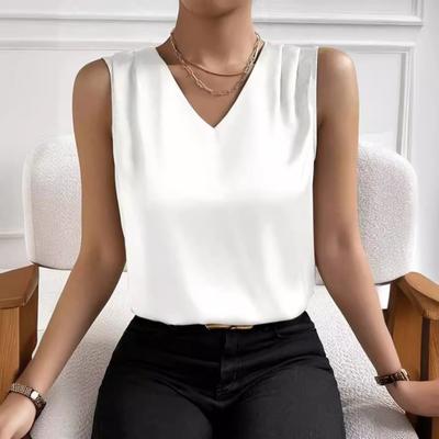 Elegante gilet con scollo a V da donna per le vacanze estive, versatile camicia senza maniche in tinta unita per camicette e camicie da donna