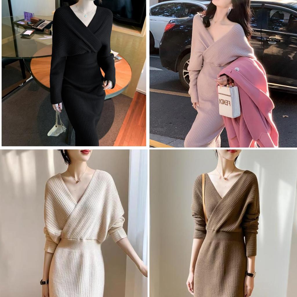 JINJUDUO Long Knit Midi Long Cute and Perfect for Special Beige Women's Dress, Length, Sleeve, Cache-Coeur, Elegant, Occasions, White, Brown, Spring,