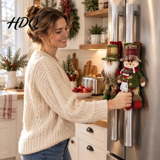 Polyester Fridge Handle Wrap 2Pcs/Set Santa Snowman Refrigerator Covers Christmas Wrap Xmas Kitchen Theme Decor Cute Decorative Door Sleeves