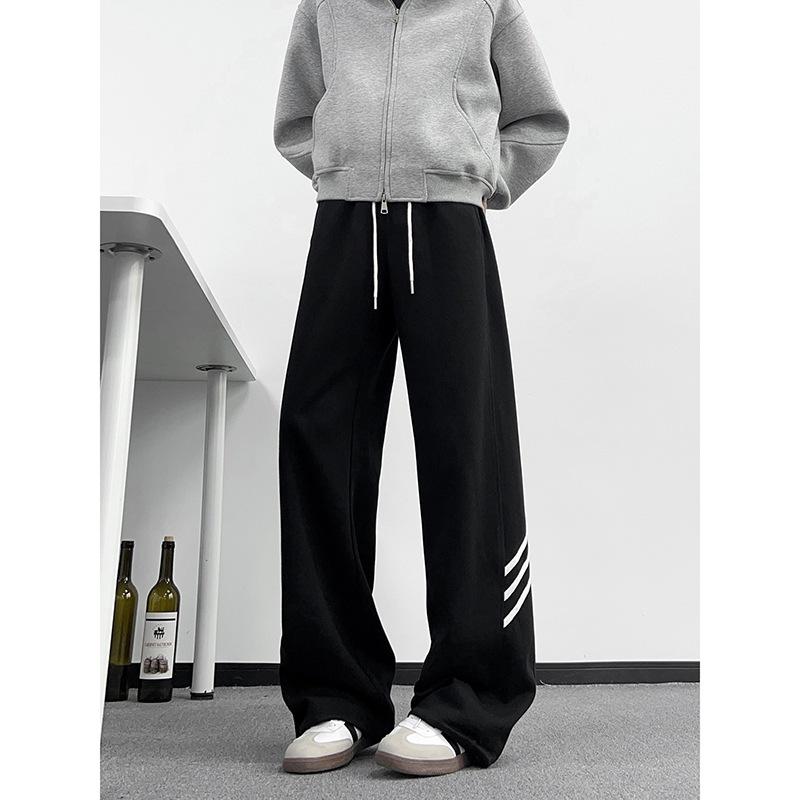 Black American sweatpants men's and women's autumn and winter retro striped sweatpants trendy brand vibe straight scimitar pants