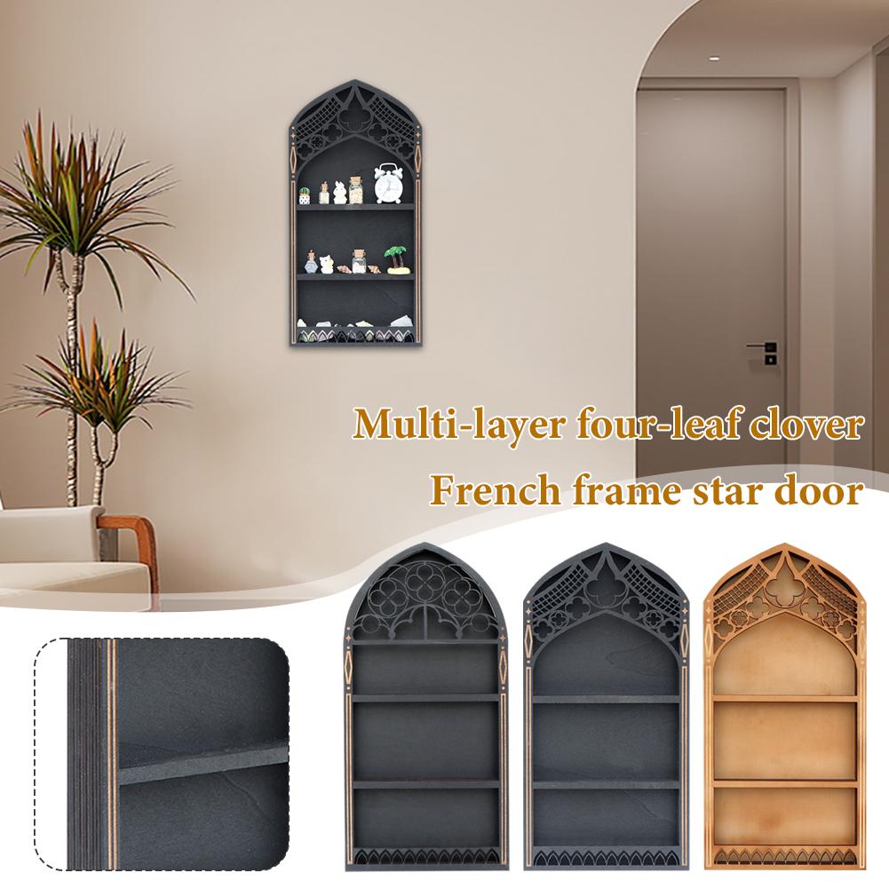Wall Display Shelf Wood Church Window Design Stones Holder Black Wooden Shelf For Wall For Office Gothic Room Decoration