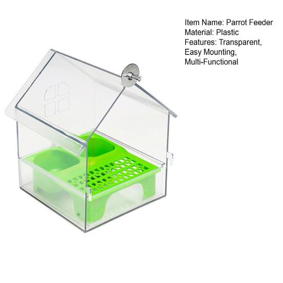 Pull-Out External Parrot Feeder Window Mounted Birds House with Two Food Slots Transparent Parrot House with Water Catcher Tray