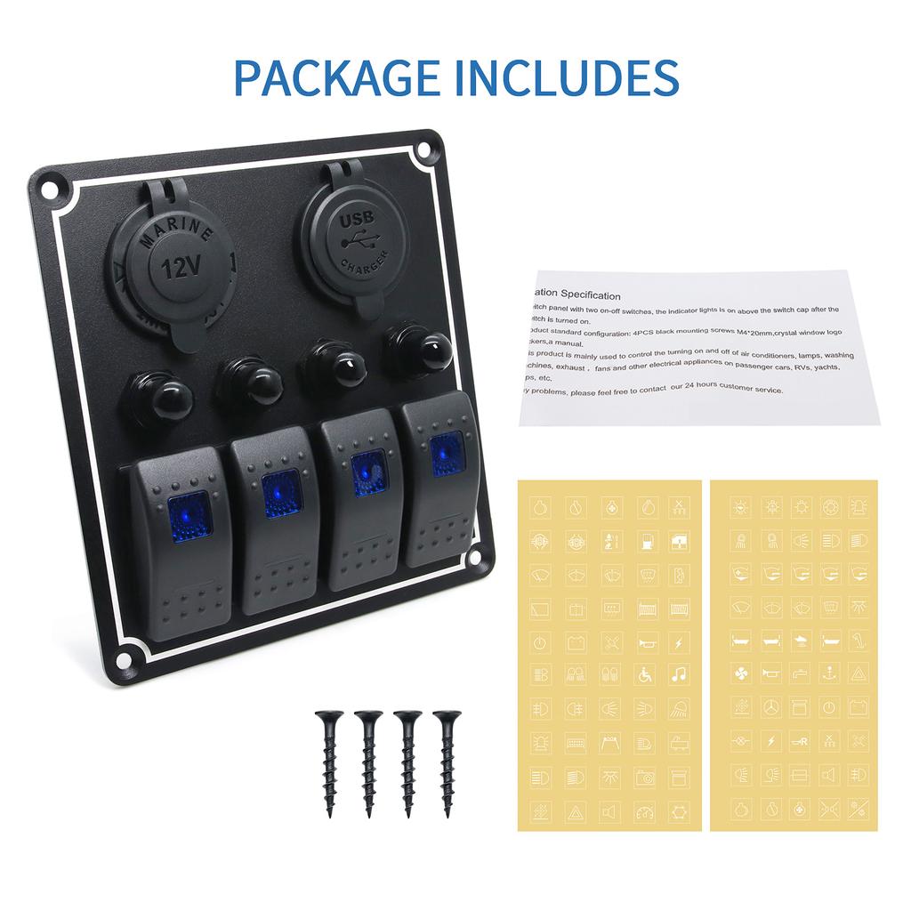Metal Waterproof Rocker Switch Panel Dual USB Ports With Circuit Protect Circuit Breaker Blue LED Light For Car RV Marine Boat