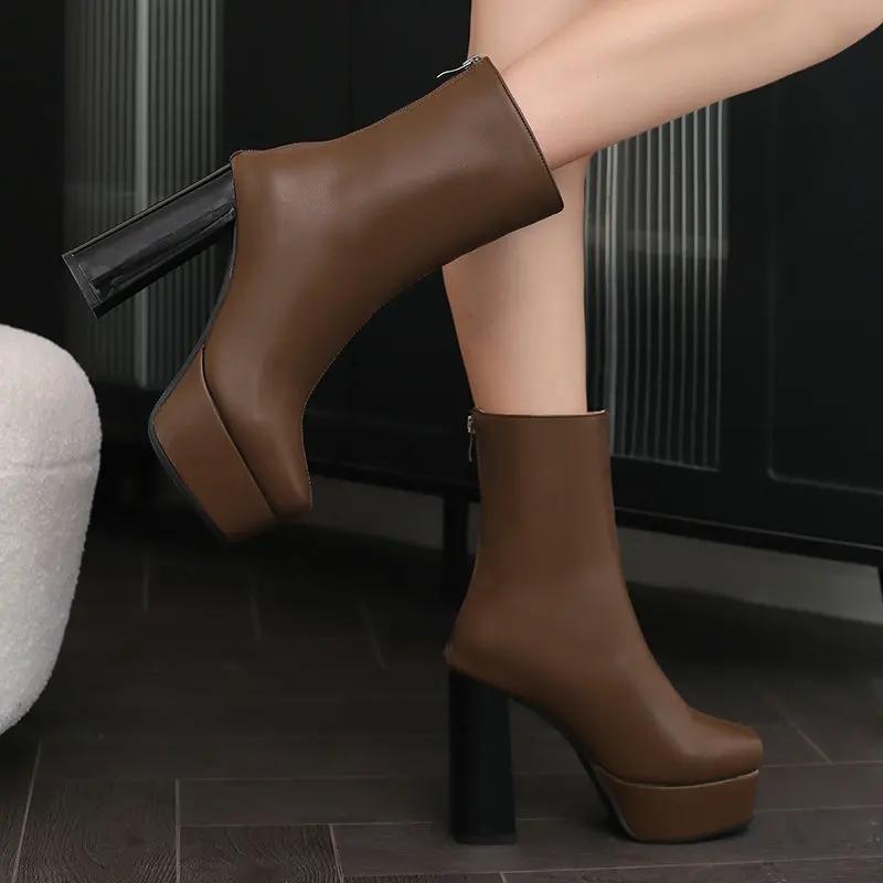 Fashion Platform Women Ankle Boots Bright Pu Leather Square High Heel Punk Boots Autumn Winter Shoes White Black Brown