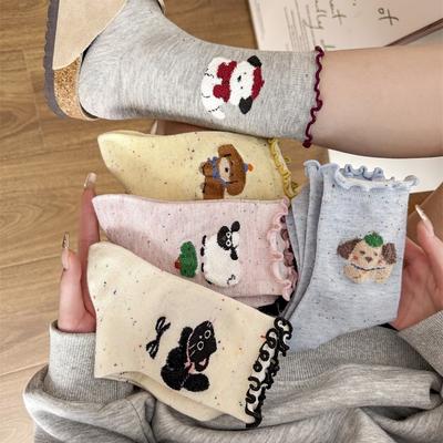 Damen Frühling und Herbst Neue Cartoon Gerollte Kante Holzohr Kante Reine Baumwolle In der Tube Frotteesocken