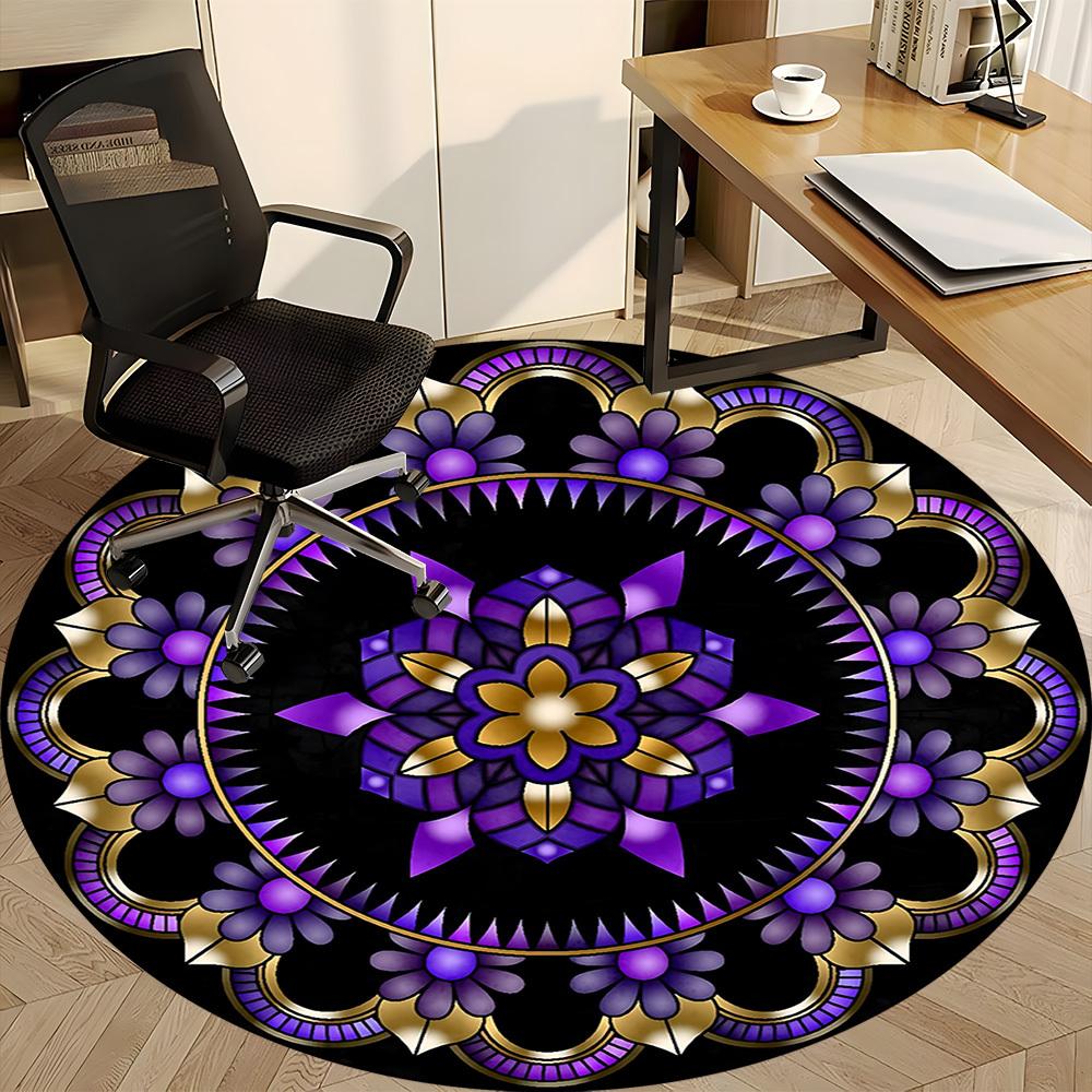 1pc Purple Floral Mandala Carpet, Round Non Slip Durable Large Size Office Carpet, Suitable for Office