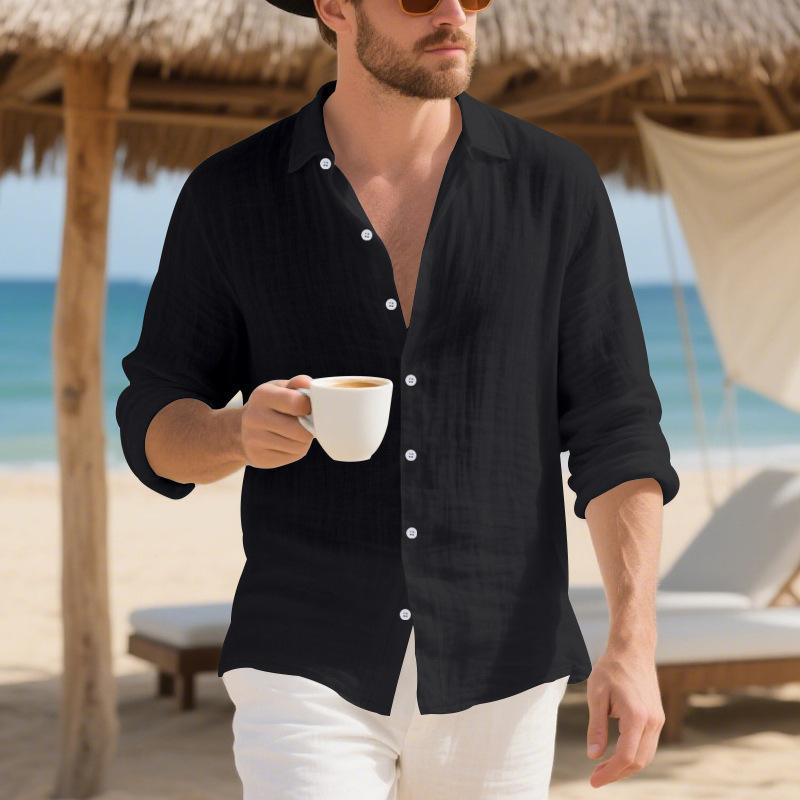 Abbigliamento Autunnale da Uomo per Uso Quotidiano Uomo Lino Americano Largo Hawaiano Casual Camicia a Bottoni Manica Lunga con Collo