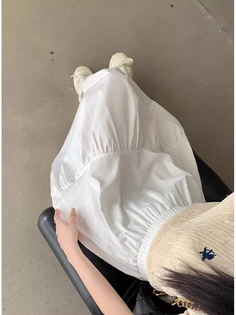 Petite 2023 Summer Korean Pleated Elastic Waist Long Skirt