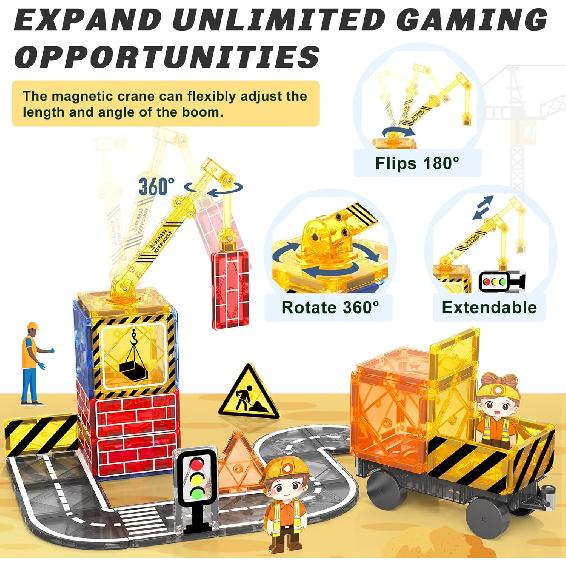 Kids Games Magnetic Tiles Road Set with Extendable Magnetic Crane, City Construction Building Toys for Toddlers STEM Preschool Ages 4-6 5-7, Gifts