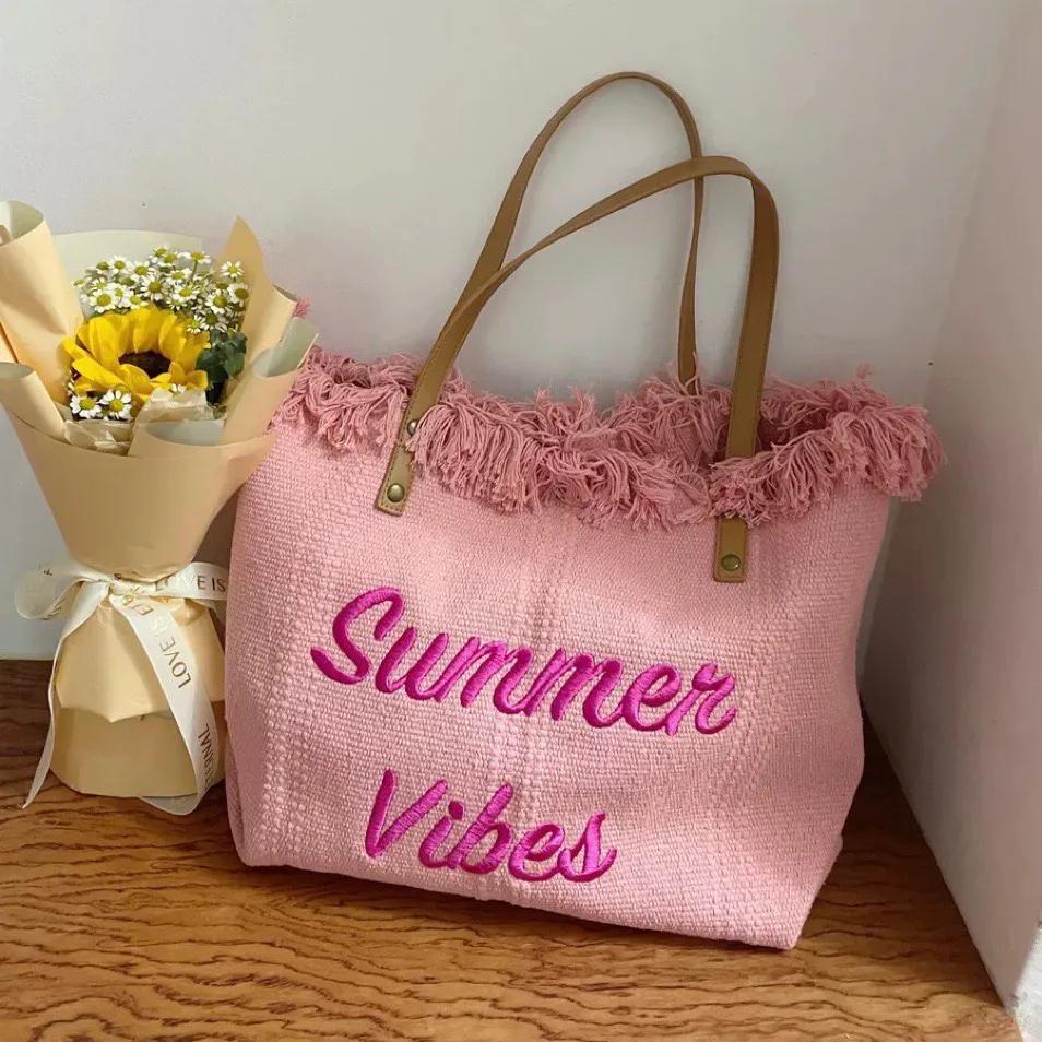 WTEMPO Color-blocking Large-capacity Canvas Bags Casual and Fashionable Tote Bags Simple Embroidered Commuter Women's Bags Summer Beach Bags