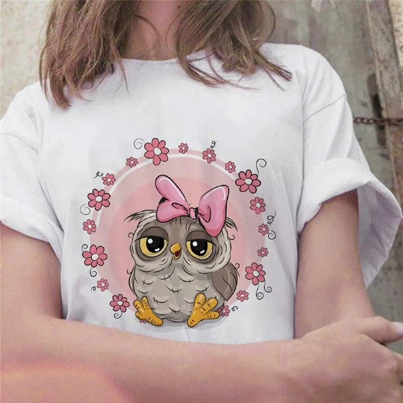 New Tops Trend Cute Owl Women Print Harajuku Ladies T-shirt Casual Basics O-collar Black White Shirt Short Sleeve Ladies T-shirt