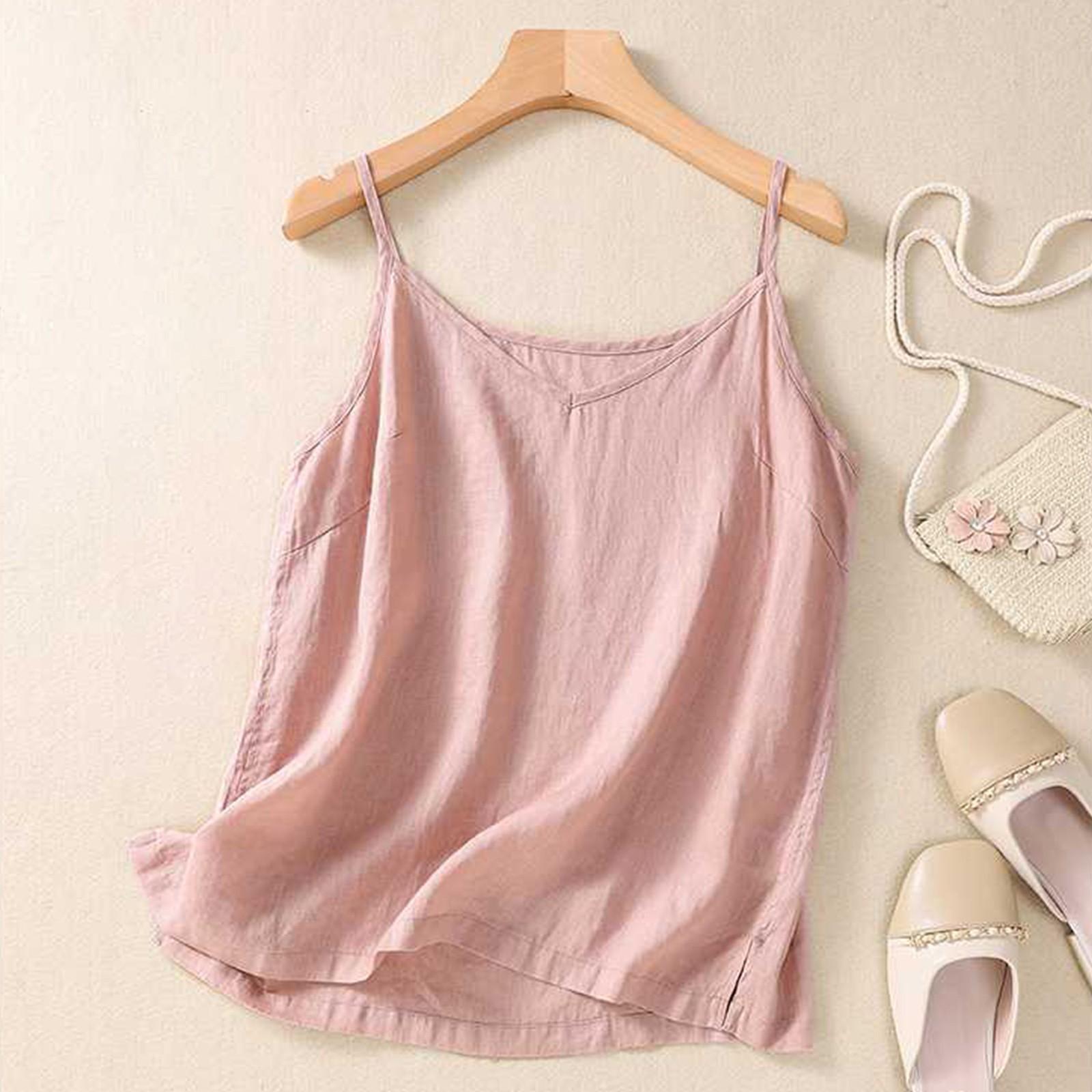 

Женский топ-майка с V-образным вырезом и безрукавкой из хлопка и льна M розовый