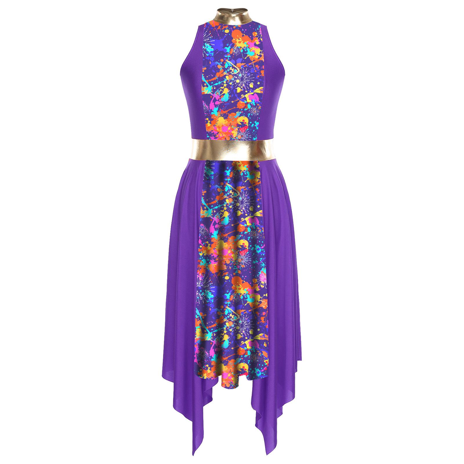 

Жіноча сукня для хвалебного танцю з рукавом, вирізом на спині, принтом, печворк-дизайном, нерівним шифоновим подолом, ліричний костюм для поклоніння M фіолетовий