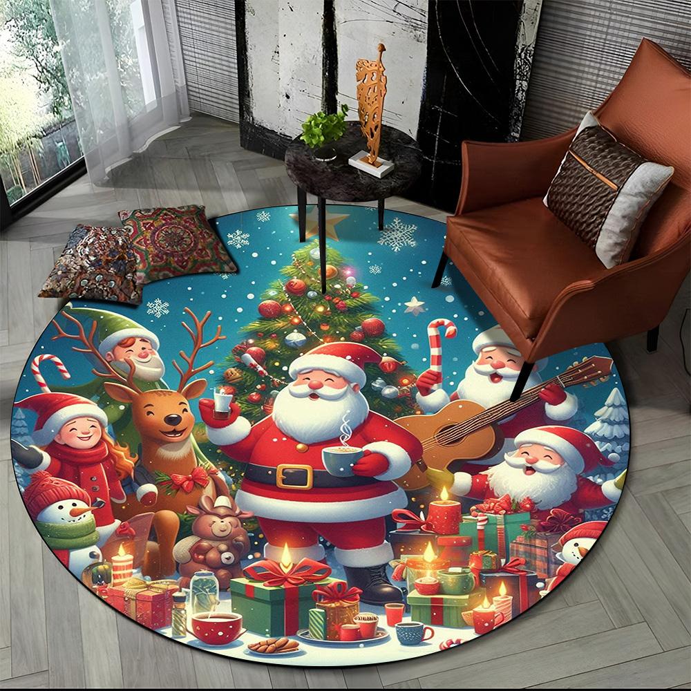 

Merry Christmas Cartoon Santa Claus Snowman New Year Round Carpet Rug for Bedroom Living Room Sofa Decoration,Decor Floor Mat Diameter 60cm