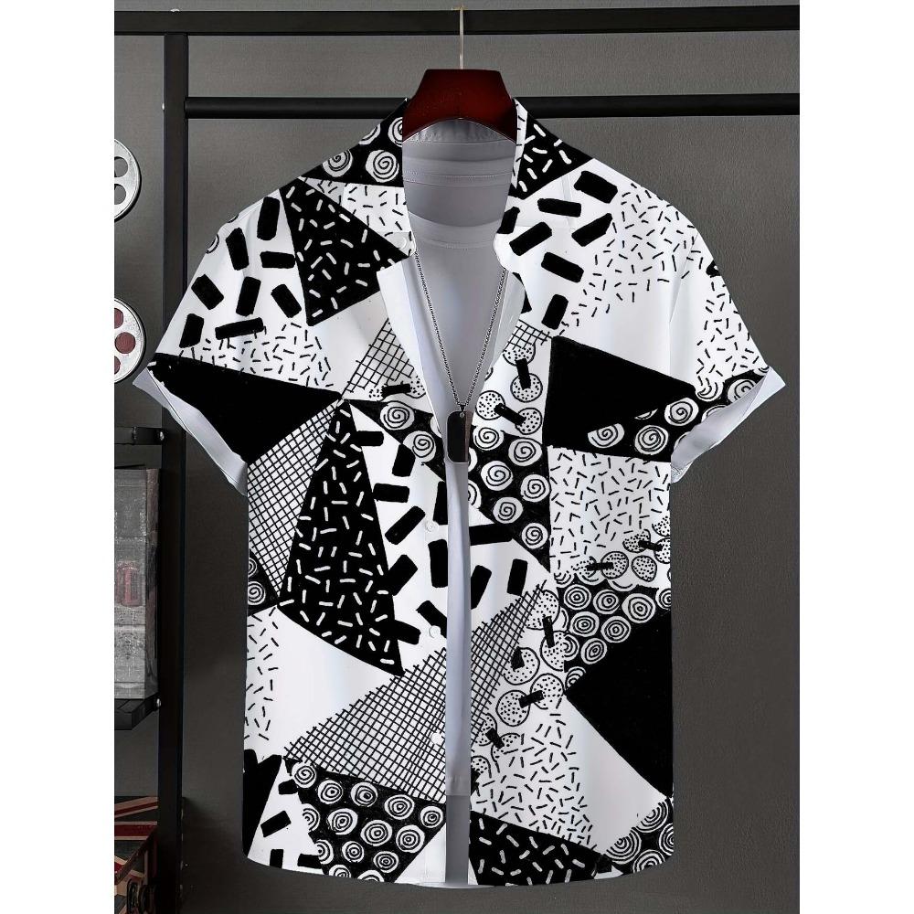 Men's shirt with novel striped patchwork pattern button up shirt, fashionable and casual new unisex shirt, vacation collar short sleeved shirt