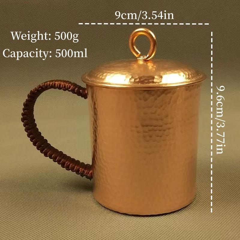 Vintage čistá měď Moscow Mule Hrneček na kávu, S víčkem Vyrytá kladívková textura Odolný Pivo 500 ml Termoska Tkaná rukojeť Šálek na čaj