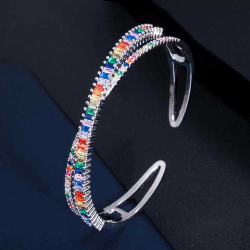 

S0154 Creative Cross-Opening Bracelet Sparkling Colorful Square Zircon Bracelet, Trendy Jewelry