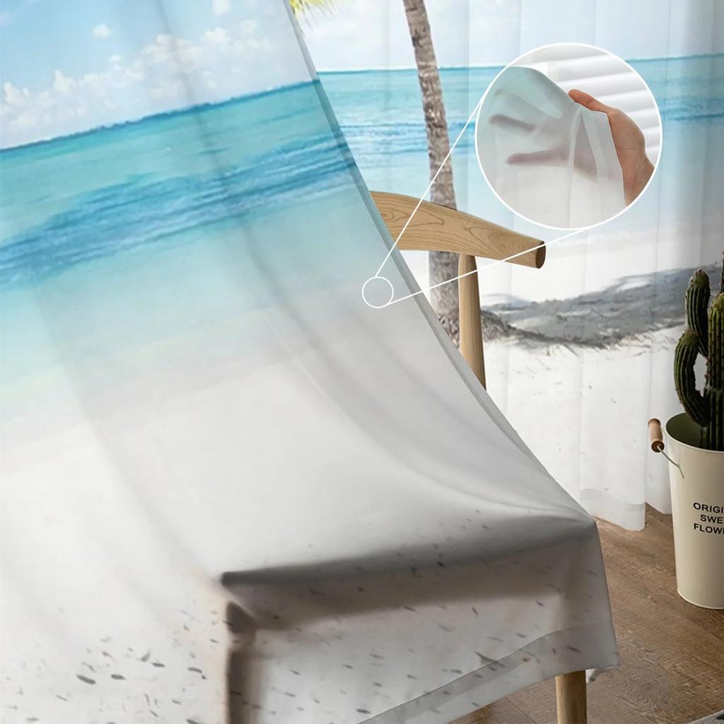 Beach Sea Coconut Trees Modern Printed Tulle Curtains for Bedroom Balcony Window Decor Creative Fashion Home Sheer Curtain